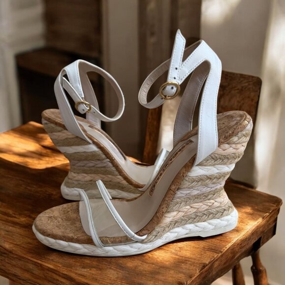 SOPHIA WEBSTER White Leather Espadrilles Wedges Size 37.5 / 7.5 - Picture 1 of 7